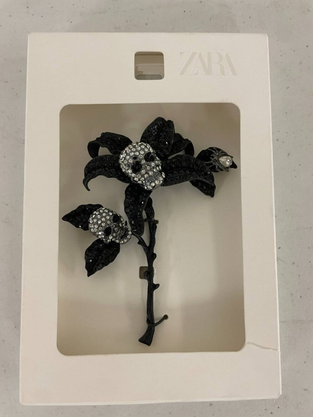 Zara Black Flower Skull Brooch Pin Rhinestone Gothic Statement New
